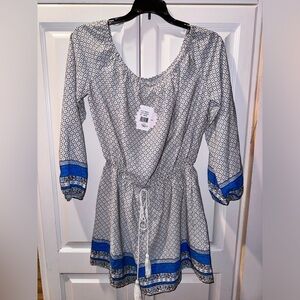 NWT Soprano White/Blue Short Romper Tie Tassel Waist Scoop Neck/Off Shoulder M